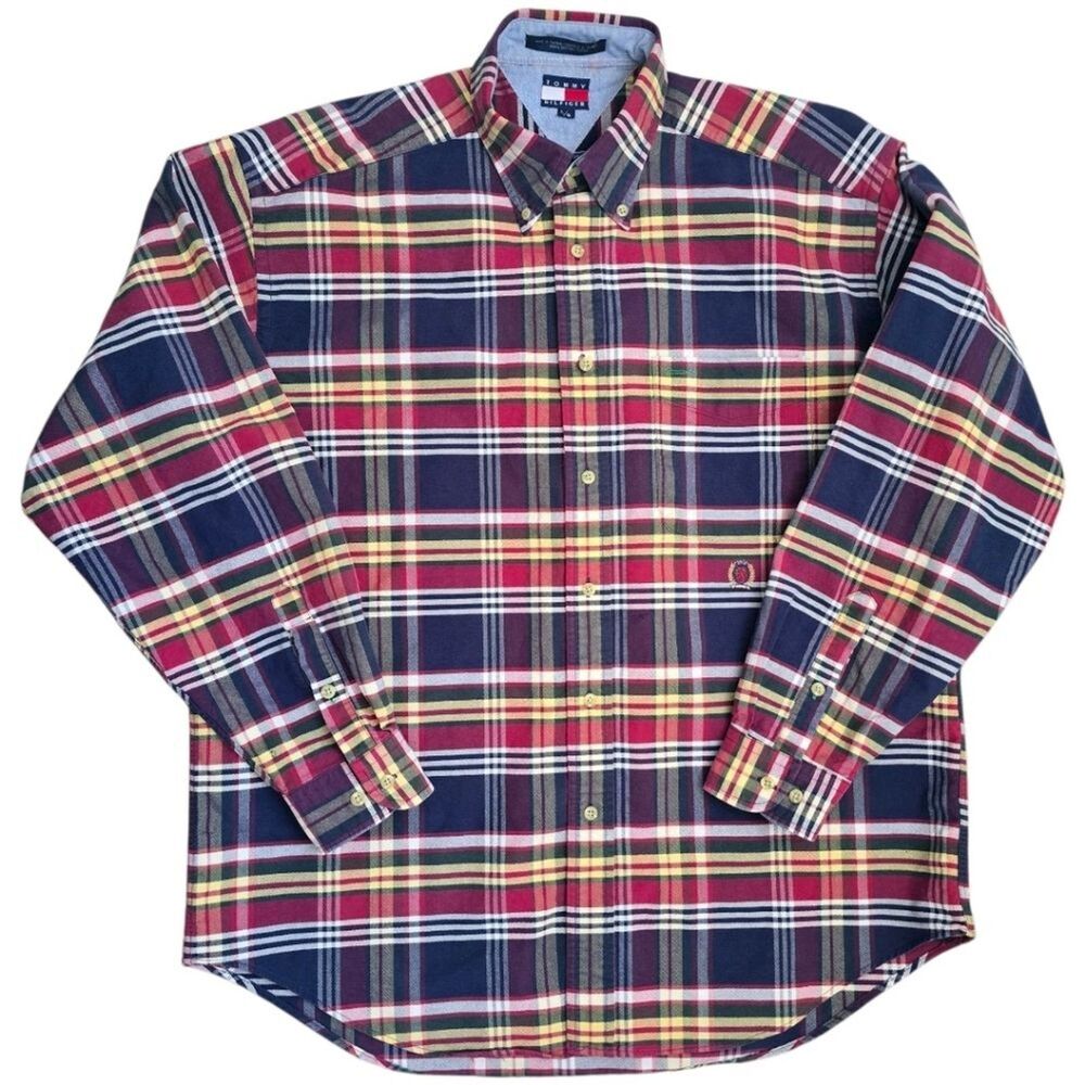 Vintage 90s Tommy Hilfiger Plaid Long Sleeve Shirt Size Large Tartan Crest Stiff